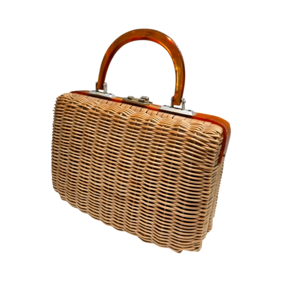 Vintage 1960s Handmade Wicker Handbag Purse With Amber Lucite Handle - Picture 1 of 9